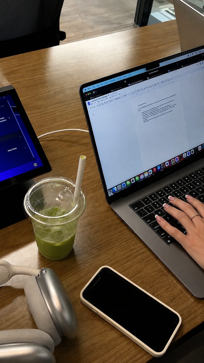 Schreibtisch mit MacBook, Kopfh&ouml;rern und einem Matcha